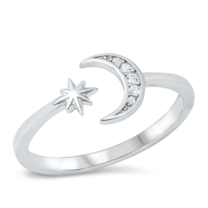 Silver CZ Ring - Moon & Star