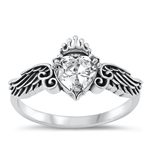 Silver CZ Ring - Heart & Wings