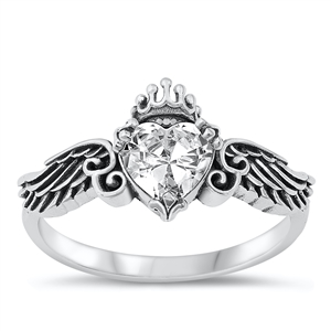 Silver CZ Ring - Heart & Wings