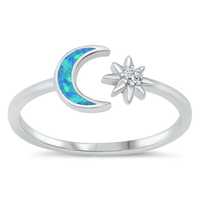 Silver Lab Opal Ring - Moon & Star