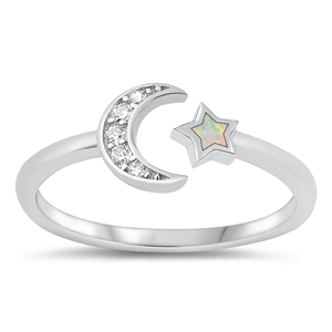Silver Lab Opal Ring - Moon & Star