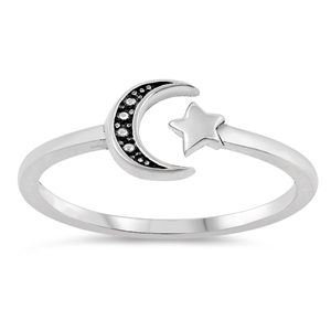 Silver Ring - Crescent Moon and Star