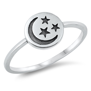 Silver Ring - Crescent Moon & Star