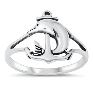 Silver Ring - Dolphins & Anchor