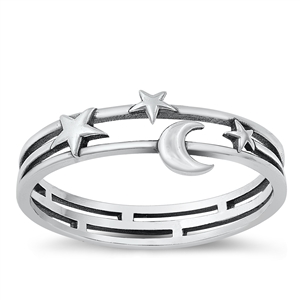 Silver Ring - Moon & Stars