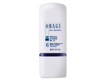 Obagi Nu-Derm Physical UV Block SPF 32  sunscreen features 18.5% zinc oxide to help shield the skin from harmful UVA and UVB rays.   The high concentration of protective zinc oxide makes this an ideal addition to the powerful Obagi Nu-Derm regimen
