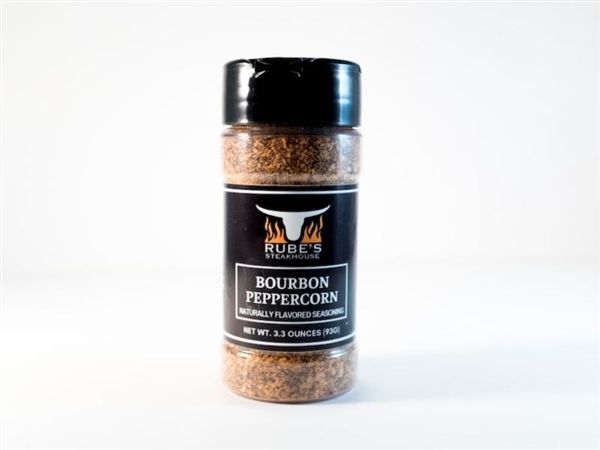 Bottle of Rube's custom blended Bourbon Peppercorn Seasoning