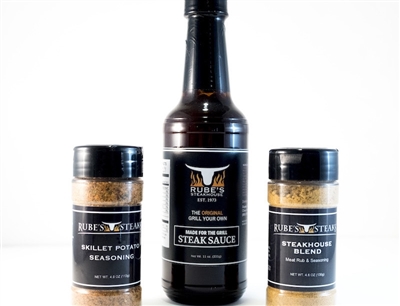 Rube's steak sauce, skillet potato seasoning and steakhouse blend rub.