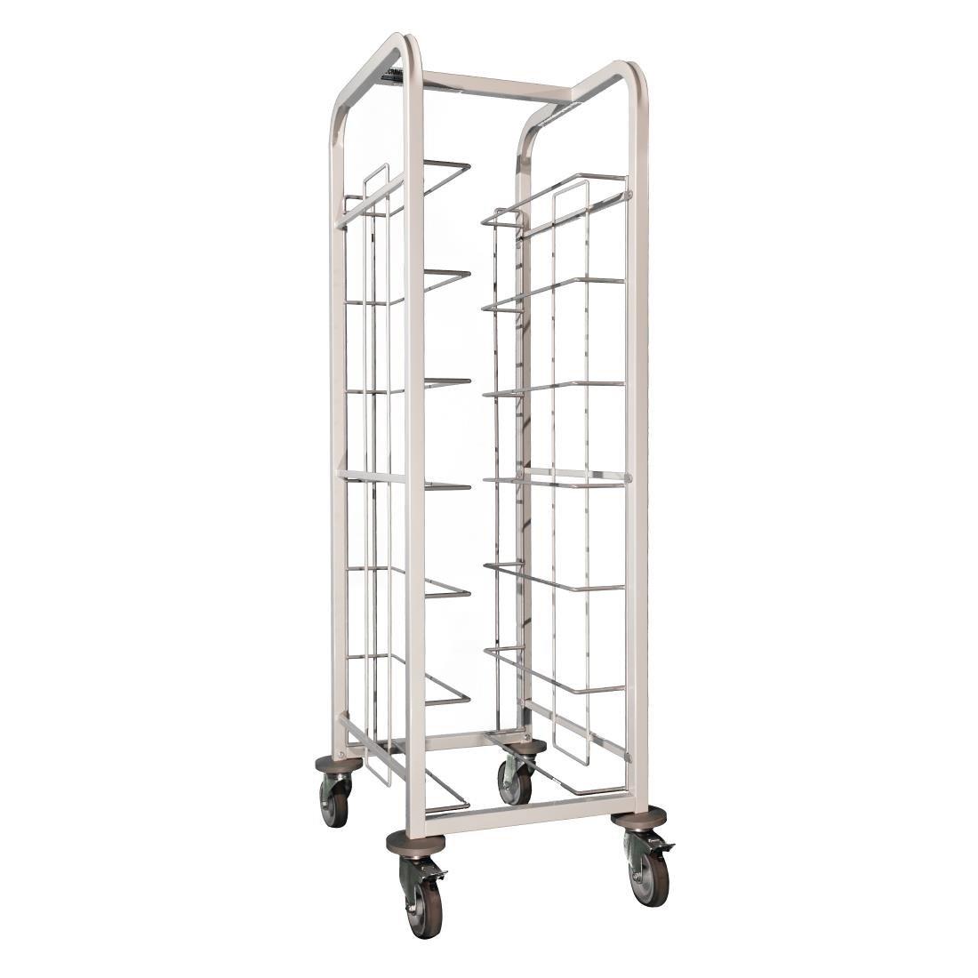 GG137 - Grey enamel finish., Fits trays: Min 330(W)x 430(D)mm, Max 360(W)x 460(D)mm, 2x braked + 2 swivel castors (5'')., 7 tray capacity., 7 shelves., Max weight capacity: 70kg., Dimensions 1393(h)x 485(w)x 578(d)mm., Weight 16.6kg.