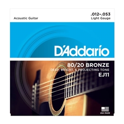 D'Addario EJ11 80/20 Bronze Acoustic Guitar Strings, Light, 12-53