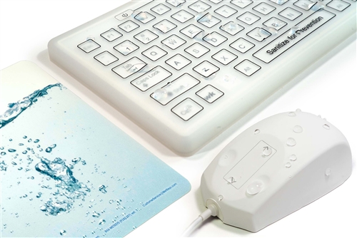 Used for Infection Control & Equipment Protection, the Waterproof Medical-grade SaniType Washable Bundle with Medical Keyboard, waterproof Mouse, and Mousepad can be cleaned by washing with soap and water, sanitized or disinfected.