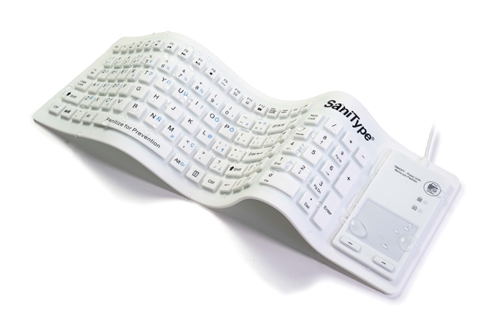 Used for Infection Control & Equipment Protection, the SaniType Full-size Flexible Silicone Washable Keyboard with "Flex Touch" Touchpad and ON/OFF Switch (USB) KBSTFC103STi-W can be cleaned by washing with soap and water, sanitized or disinfected.