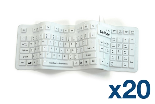 Used for Infection Control & Equipment Protection, the Case of (20) KBSTFC106-W SaniType "Soft-touch Comfort" Hygienic Full-size Flexible Silicone Washable Keyboard (USB) (White) KBSTFC106-W can be cleaned by washing with soap and water, sanitized or di
