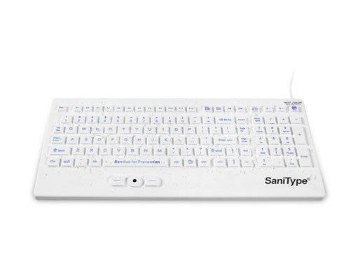 Used for Infection Control & Equipment Protection, the  Industrial-grade Heavy-duty Full-Size Washable Keyboard "Backlit Rugged-Point" with Track-pointer and Backlight (USB) KBSTRC105SPB-W can be cleaned by washing with soap and water or disinfected.