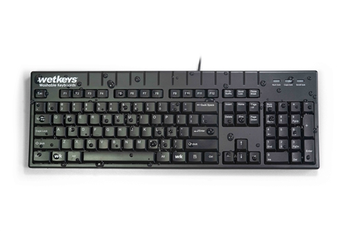 Used for Infection Control & Equipment Protection, the Waterproof Professional-grade Full-size ABS Plastic Waterproof Keyboard with 10-key Number-pad (USB) KBWKABS104-BK can be cleaned by washing with soap and water, sanitized or disinfected.