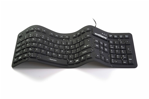 Used for Infection Control & Equipment Protection, the Waterproof "Soft-touch Comfort" Professional-grade Full-size Flexible Silicone Waterproof Keyboard (USB) KBWKFC106-BK can be cleaned by washing with soap and water, sanitized or disinfected.