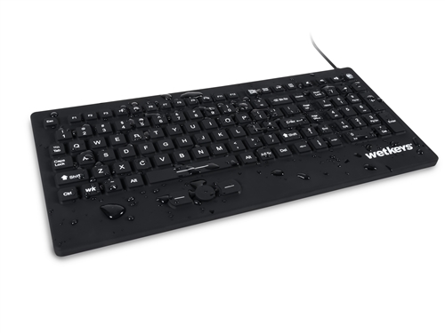 Used for Infection Control & Equipment Protection, the Industrial-grade Heavy-duty Full-Size Waterproof Keyboard "Backlit Rugged-Point" with Track-pointer and Backlight (USB) KBWKRC105SPB-BK can be cleaned by washing with soap and water or disinfected.