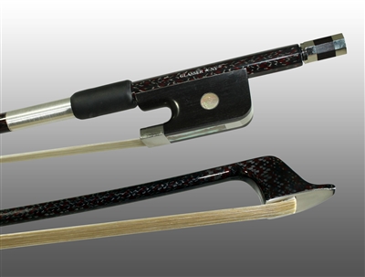 BASS BOW FRENCH BRAIDED CARBON/RED HYBRID FIBER, ROUND, FULLY LINED EBONY FROG, NICKEL WIRE GRIP & TIP