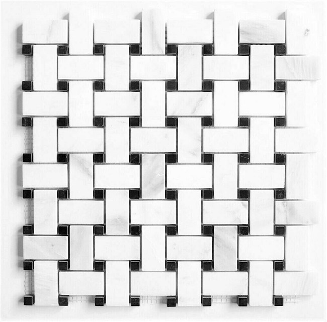 Carrara 1.2x2 Honed w/ Black Marble Dots Basketweave Floor Mosaic Tile