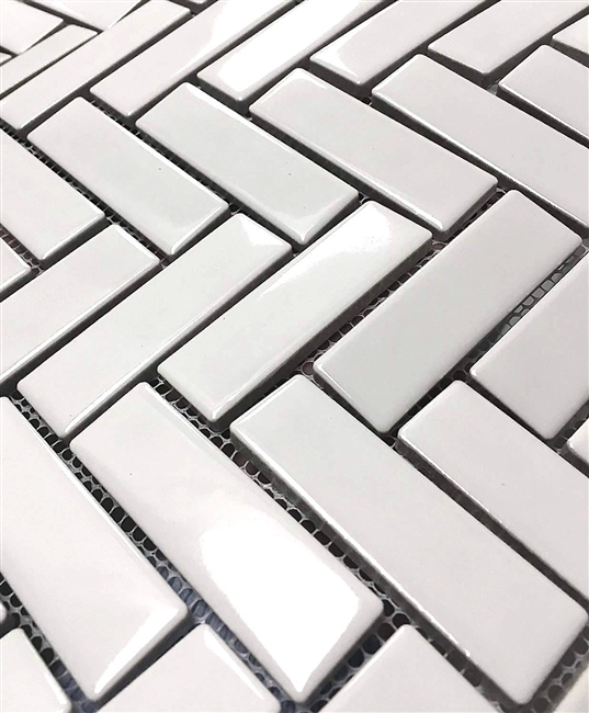 1x3 High Gloss Polished Finish White Herringbone Porcelain Wall Mosaic Tile