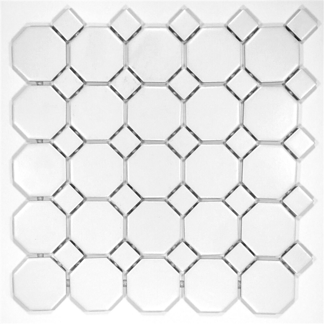 Octagon 2" Retro Porcelain White Matte Floor and Wall Mosaic Tile, 11.5x11.5