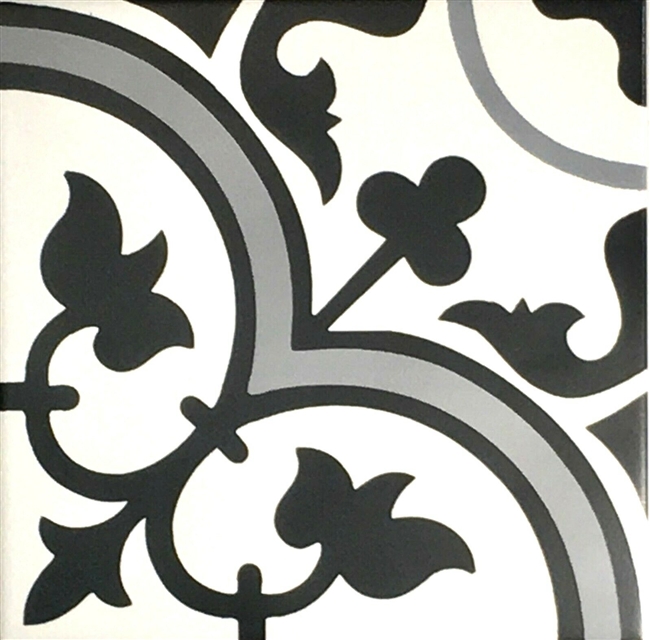 8x8 Flora Gray Black White Encaustic Design Satin Glaze Ceramic Tile
