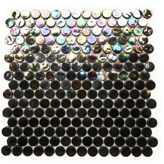 Kenzo Black Iridescent Glow Penny Round Glass Wall Mosaic Tile