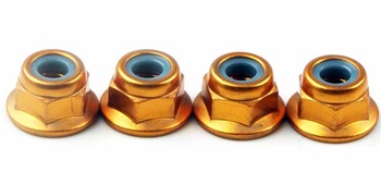 KYO1-N4045FNA-G Kyosho Gold Aluminum Flanged Nylon Nut M4x4.5mm - Package of 4