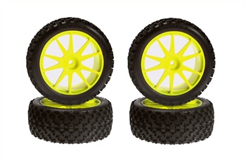 KYOIHTH03Y Kyosho Mini Inferno Half 8 X Pattern Tire and Wheel Set in Yellow