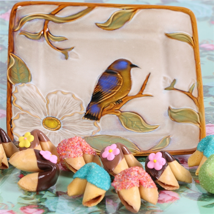 The bluebird of happiness gift is one dozen fortune cookies dipped and decorated for spring.