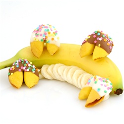 Banana Flavored Fortune Cookies Chocolate Covered with pastel confetti.