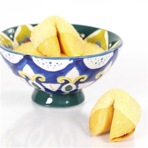 All natural vanilla fortune cookies hand dipped in white chocolate then decked out in citrine yellow bling.