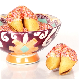 All natural vanilla fortune cookies hand dipped in white chocolate then decked out in rainbow bling.
