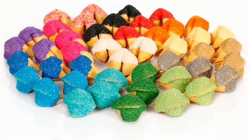 All natural vanilla fortune cookies hand dipped in white chocolate then decked out in rainbow bling.
