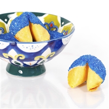 All natural vanilla fortune cookies hand dipped in white chocolate then decked out in sapphire blue bling.