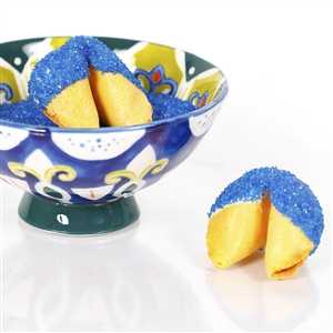 All natural vanilla fortune cookies hand dipped in white chocolate then decked out in sapphire blue bling.