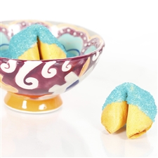 All natural vanilla fortune cookies hand dipped in white chocolate then decked out in blue turquoise bling.