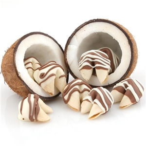 Chocolate Covered Fortune Cookies in Toasted Coconut Flavor, makes a great wedding favor, personalized fortune cookie messages included.