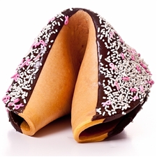 This amazing giant fortune cookie is perfect for October breast cancer awareness events. Dipped in milk chocolate and decorated with pink ribbon sprinkles our giant fortune cookies are always baked fresh right here in our bakery.