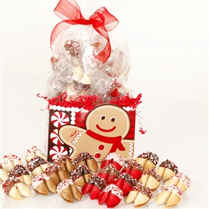 Chocolate covered fortune cookies in assorted holiday flavors and colors. Each cookie is individually wrapped with Holiday messages of good fortune and good cheer.