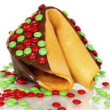 Chocolate covered giant fortune cookie covered with real M&M's. Your edible gift is sure to please especially when filled with good fortune on your personalized message.