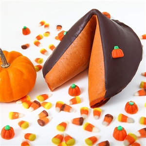 Homemade Pumpkin Pie Flavored Giant Fortune Cookie, pumpkin colored and flavored covered in chocolate!