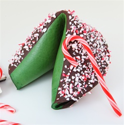 Peppermint Flavored Gigantic Fortune Cookie, green color with chocolate covering and real crushed peppermints for decoration.