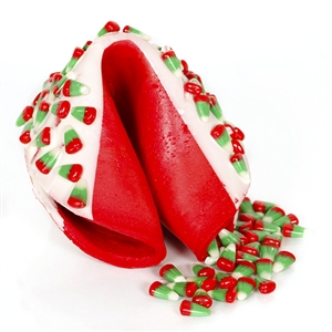 A Fancy Fortune Cookies exclusive cherry giant fortune cookie chocolate covered and sprinkled with reindeer corn!