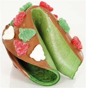 A Fancy Fortune Cookies exclusive: green peppermint giant holiday fortune cookie, chocolate covered and decorated with candy trees.