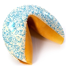 Gigantic fortune cookie with blue and white decoration perfect for saying congratulations on your new baby boy!