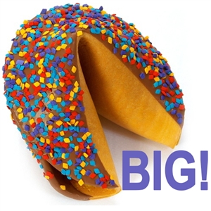 A giant fortune cookie covered in chocolate and decorated with bold colors. A classic edible gift filled with good fortune!