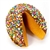 Gigantic fortune cookie chocolate covered and decorated with fun flower candies. Your foot long custom message included.