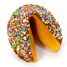 Gigantic fortune cookie chocolate covered and decorated with fun flower candies. Your foot long custom message included.