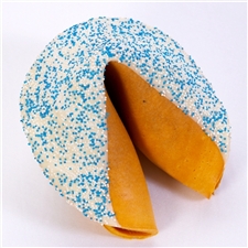 Hanukkah Giant fortune cookie chocolate covered with festive blue and white Hanukkah sprinkles. A unique edible gift just in time for Hanukkah.